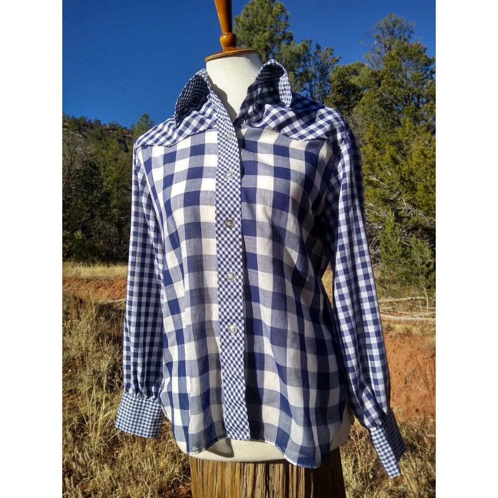 True Vintage 1970's Jeanie by Blue Bell Navy & White Gingham Checked Shirt Sz 38